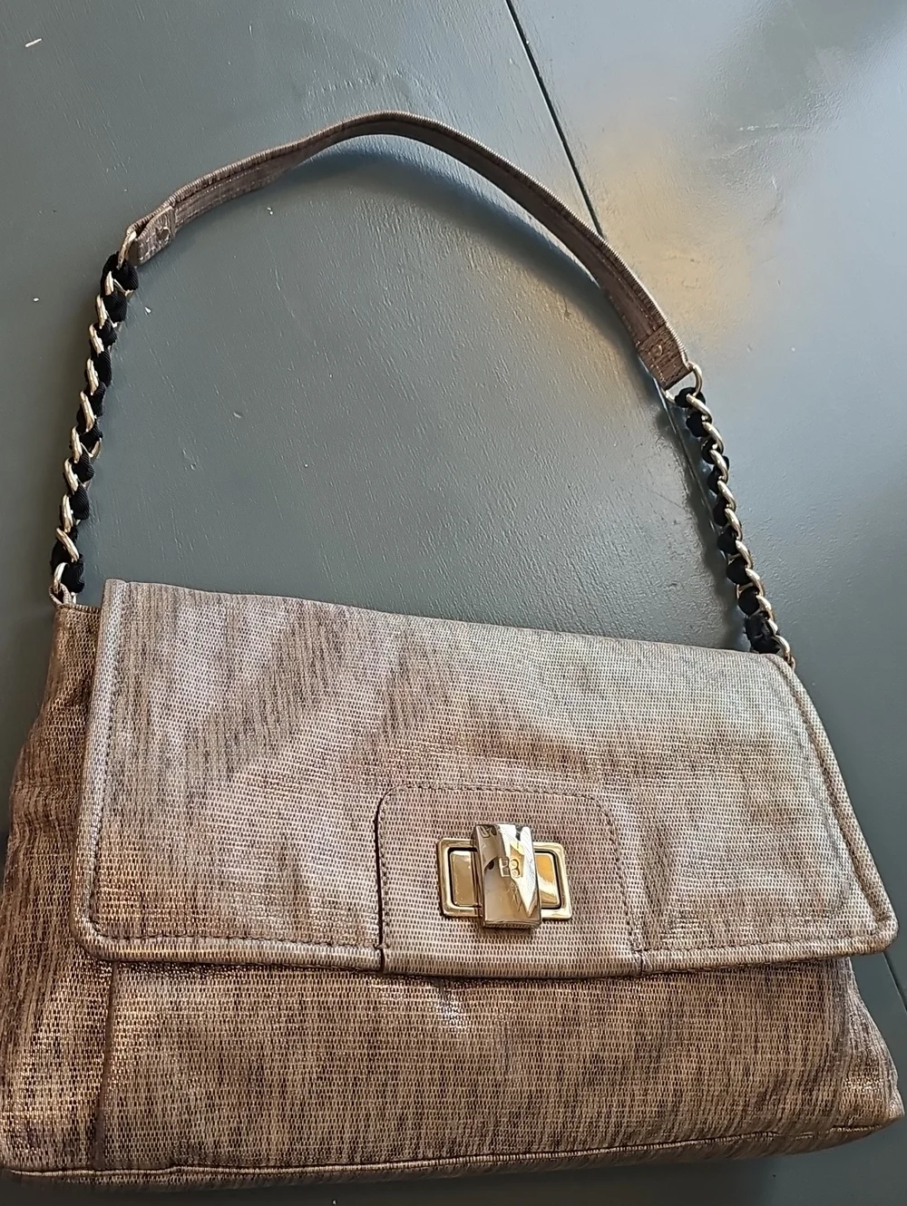 Textured Taupe Shoulder Bag with Chain Detail